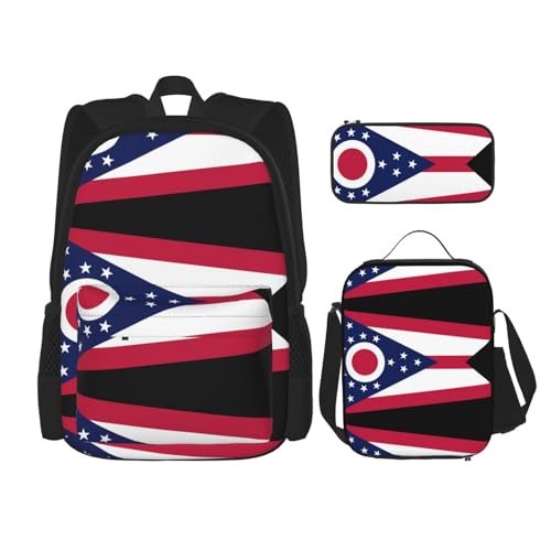 WURTON Ohio State Flag Print 3 in 1 Sets Casual Adjustable Shoulder Backpack Lunch Bag Pencil Case Pouch Box, Schwarz, Einheitsgröße