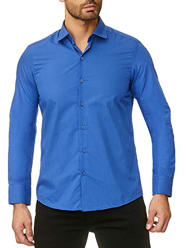 Reslad Herren Hemd Slim Fit Bügelfrei Freizeithemd Businesshemd Hochzeit Männer Hemden Anzug Uni Langarm RS-7002 Blau XXL