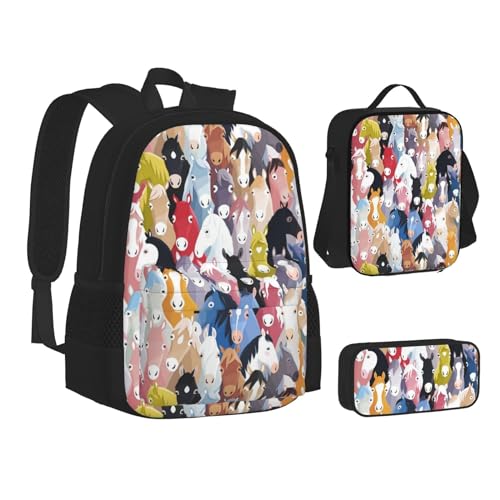 WURTON Büchertasche mit zwei Flamingo-Muster für Teenager, Federmäppchen, 3-in-1, Schulrucksäcke, Kinderrucksack, Bunte Cartoon-Pferde., Einheitsgröße