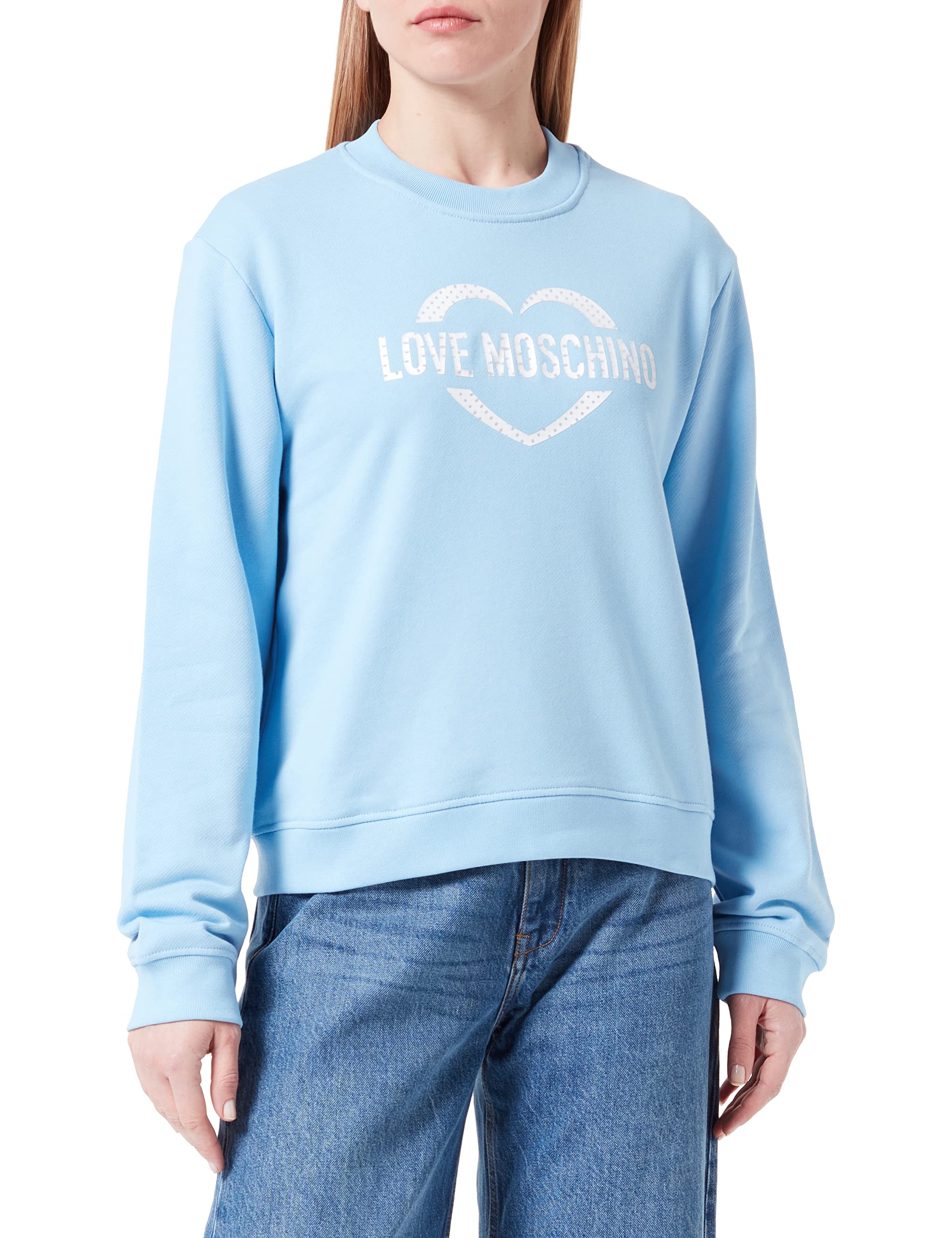 Love Moschino Women's Regular fit Roundneck Long-Sleeved with Heart Holographic Print Sweatshirt, Light Blue, 38