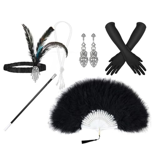 Aurgiarme 1920er Jahre Gatsbys Zubehör-Set für Damen, brüllende 20er-Jahre Zubehör, Flapper-Kostüm mit 20er-Jahre-Stirnband, Halskette, Handschuh, Ohrring, 1920er-Jahre-Kostüm-Zubehör-Set für Herren