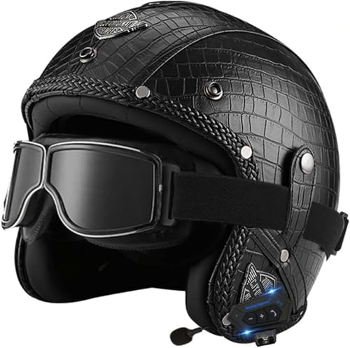 Offener Helm, Motorradhelm, Integrierter Bluetooth-Motorrad-Halbhelm, Retro-Vintage-Motor-Jet-Helm Mit Sonnenblende, Für Männer, Frauen, Erwachsene, DOT/ECE-Geprüft H,M57-58cm