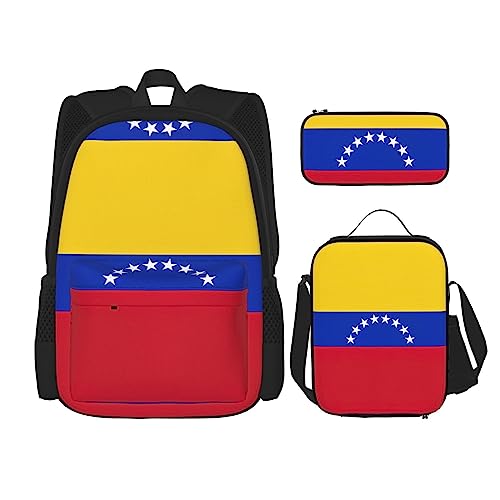 WURTON 3-in-1-Set mit Venezuela-Flaggen-Druck, lässiger verstellbarer Schulter-Rucksack, Lunch-Tasche, Federmäppchen, Beutelbox, Schwarz, Einheitsgröße