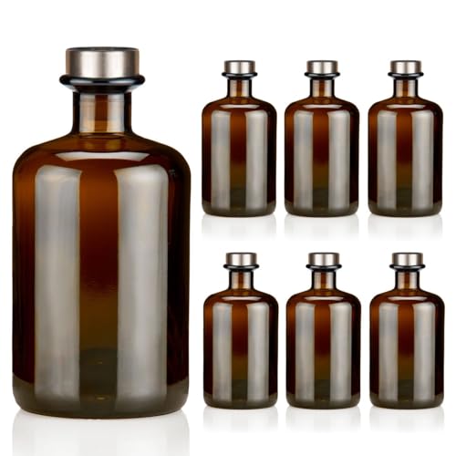 6x Apothekerflaschen 500ml braun elegante Braunglas Flaschen schwarz antik 0,5L leer PE Korken Titansilber matt Glasflaschen für Öl, Gin, Kräuter Schnaps od. als Geschenk