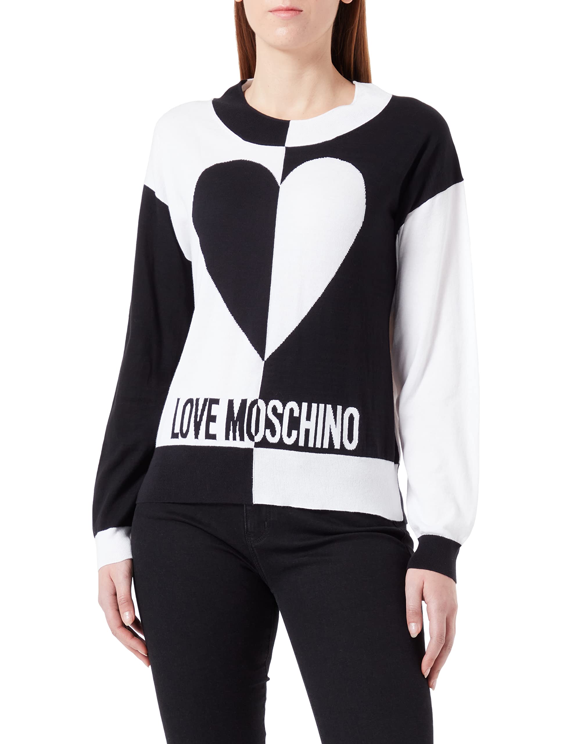 Love Moschino Women's Long-Sleeved Roundneck Pullover, Black White, 42