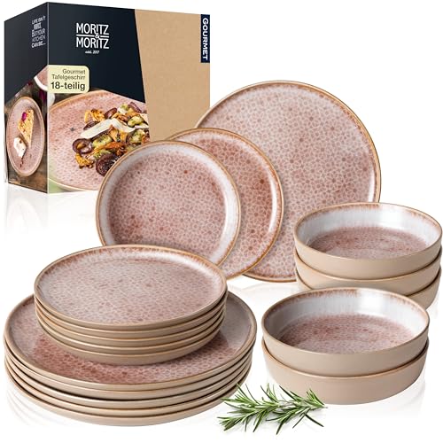 Moritz & Moritz TERRA 18-tlg Geschirrset 6 Personen – Teller Set in zartem Rosa aus hochwertigem Porzellan – Geschirr Set 6 Personen aus je 6x Speiseteller, Dessertteller und Schalen