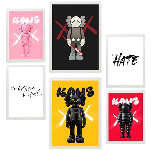 Nacnic 6er-Set Messaggio iconico di Kaws Gerahmtes Poster mit Design-Illustrationen zur Dekoration der Wände Ihres Zuhause Zimmer Büro im A3 & A4 Weißer Rahmen