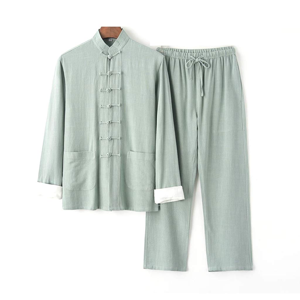 ZHOUXIAO Baumwollleinen Tai Chi Uniform Tang Anzug Männer Hanfu Chinesische Traditionelle Kung Fu Uniform Meditation Kleidung Kampfkunst Anzug Morgen Übungen Kleidung Kleidun green-3XL