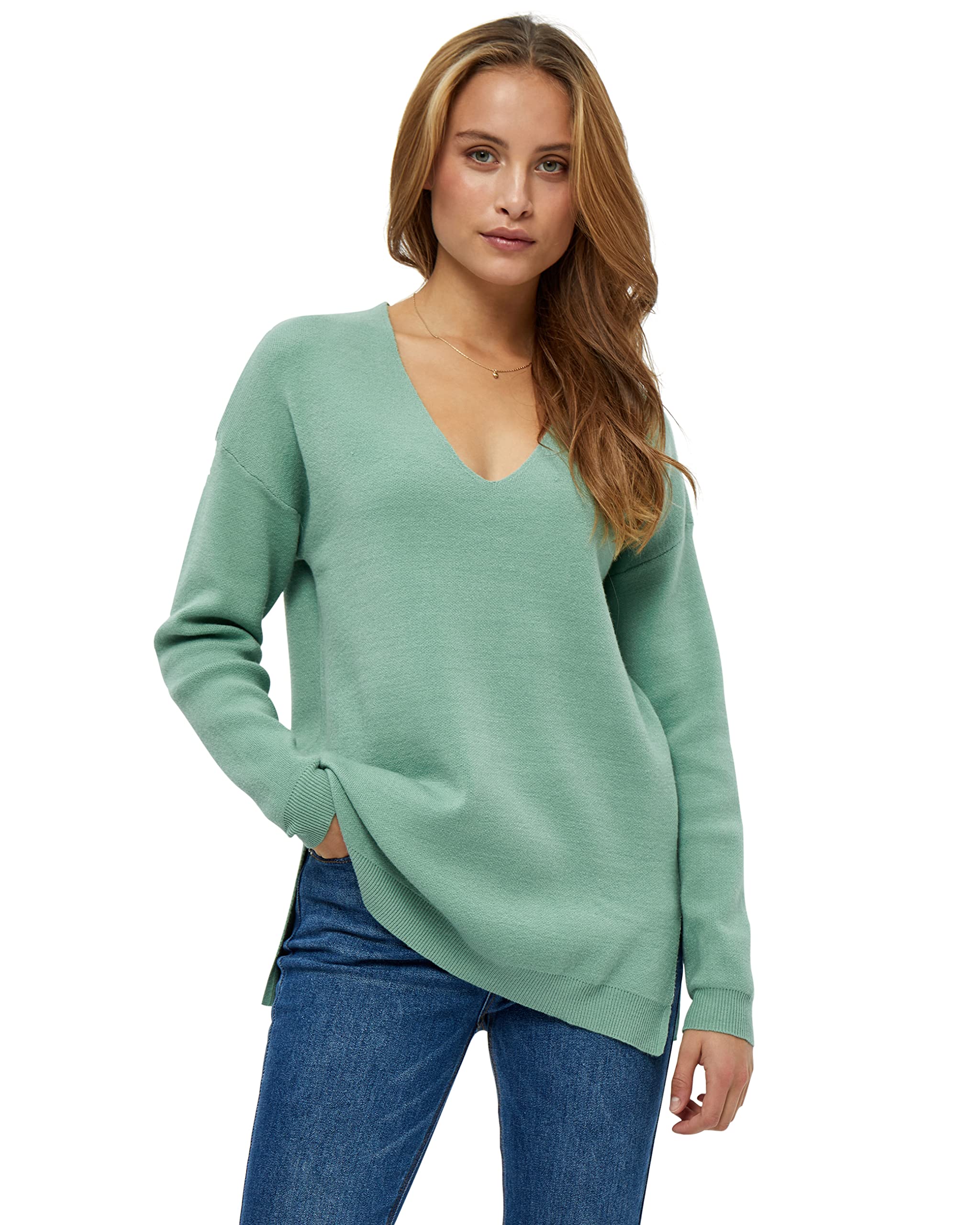 Peppercorn Damen Rosalia V-Ausschnitt Ärmel Strickpullover Grün | Herbst Pulli Größe S Langer Pullover, 3424 Feldspar Green, S