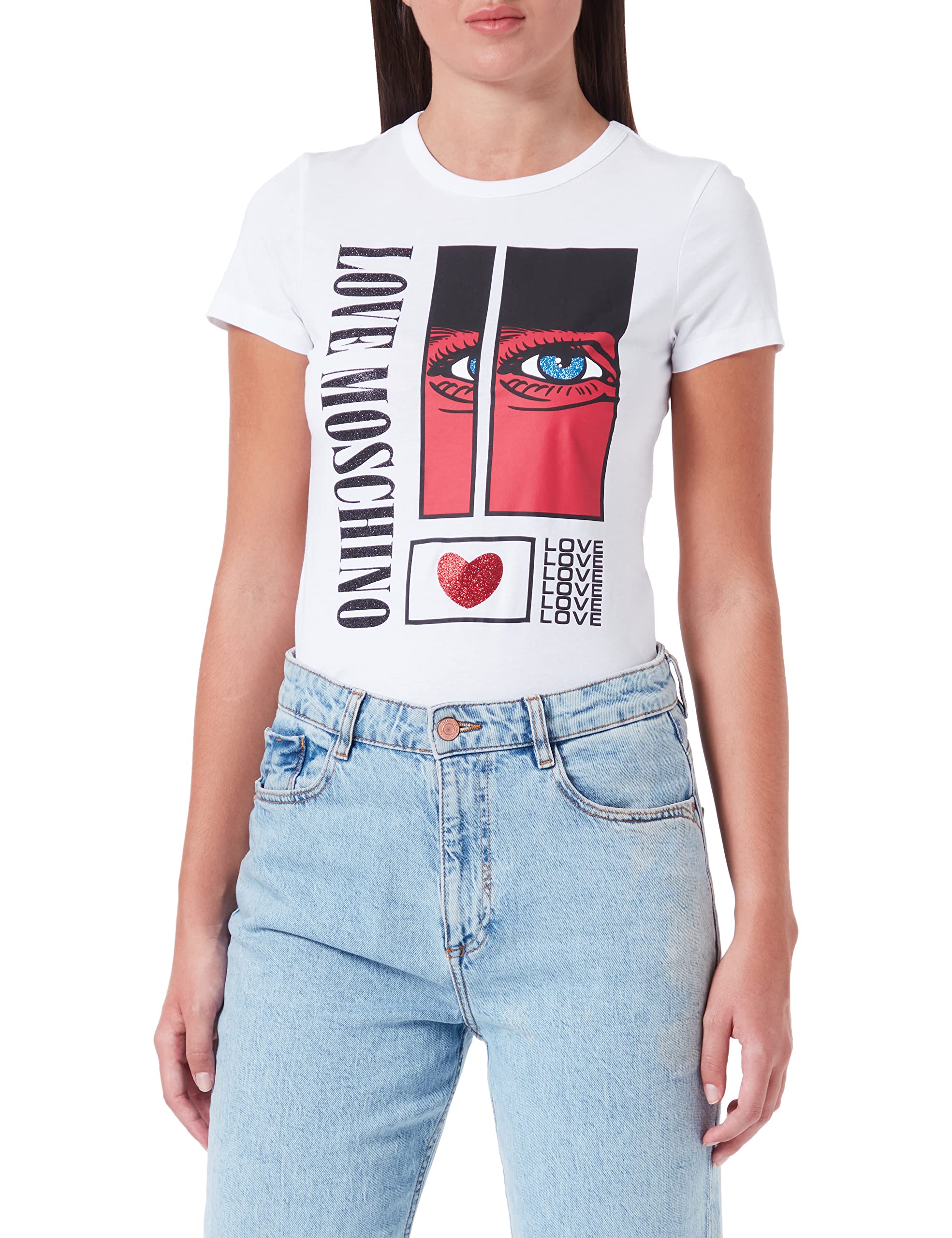 Love Moschino Damen Slim Fit Short Sleeves With Eye And Sequins Print T Shirt, Optical White, 46 EU