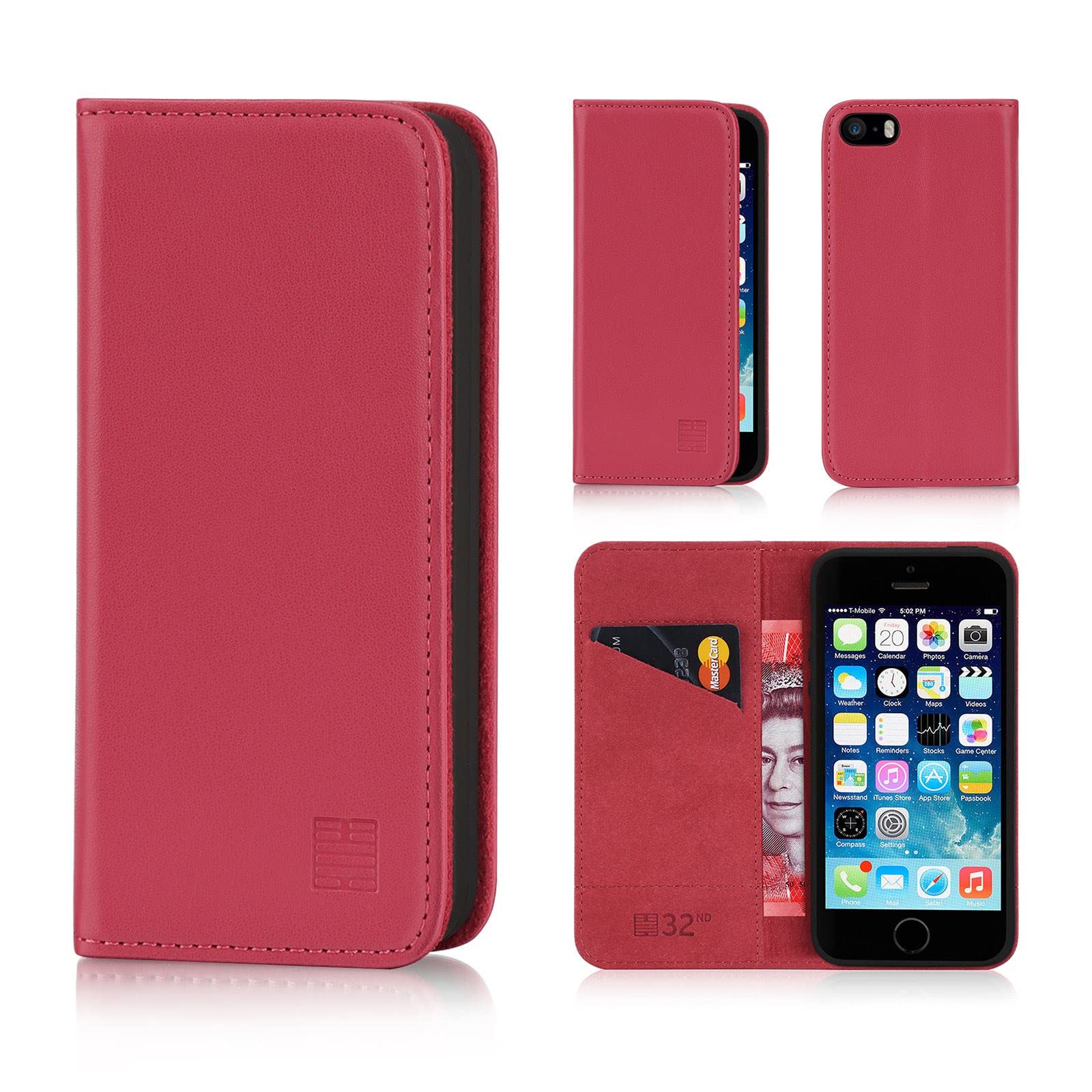 32nd Klassische Series - Lederhülle Case Cover für Apple iPhone 5, 5S & SE (2016), Echtleder Hülle Entwurf gemacht Mit Kartensteckplatz, Magnetisch und Standfuß - Rosa Pink