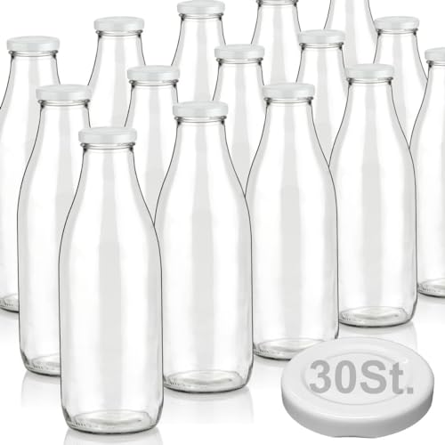 15 Milchflaschen 1000ml mit 30 Deckel BPA frei Saftflaschen Glasflaschen 1L auch erhältlich mit 2/4/6/9/12 Flaschen Smoothie Weithalsflaschen Milchflasche leer zum Befüllen Trinkflasche Schraubdeckel