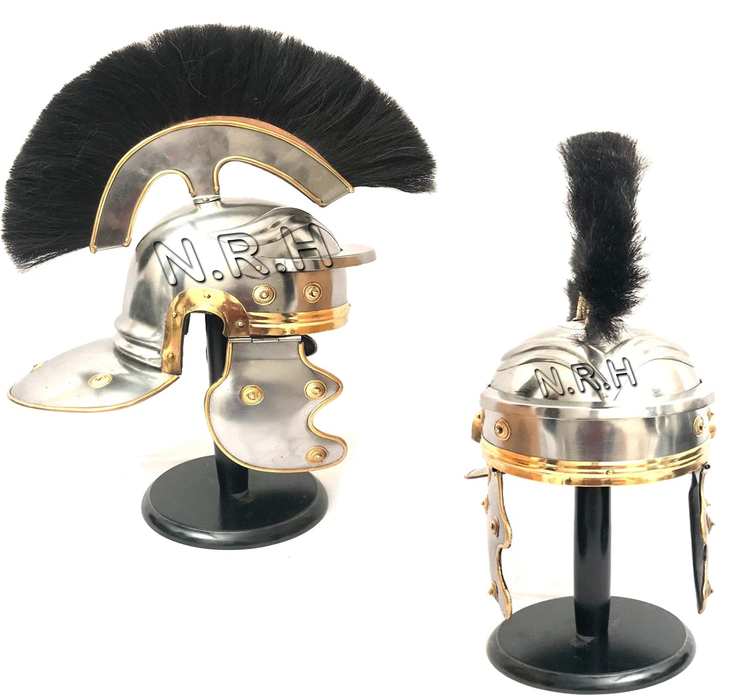 Mittelalterlicher Römischer Helm Centurion mit schwarzem Innenfutter, Kinnriemen, Rüstungshelm mit Holzständer