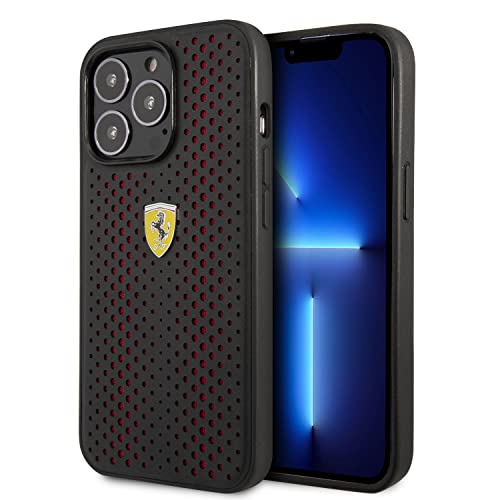 Ferrari CG Mobile Schutzhülle aus PU-Leder, perforiert, mit Nylon-Basis und gelbem Schild-Logo, kompatibel mit iPhone 14 Pro, Rot