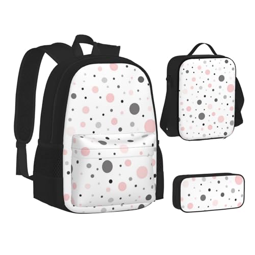 WURTON Büchertasche mit Astronauten-Druck, Federmäppchen, 3-in-1, Schulrucksack-Set, Kinderrucksack, Modernes Punktemuster in Rosa, Grau, Weiß, Einheitsgröße