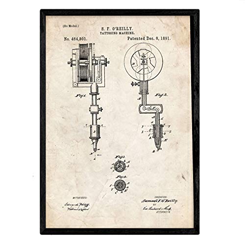 Nacnic Poster mit Rahmen, Patent Tattoo-Maschine, Antikes Patent in Größe A3, Vintage-Hintergrund mit Rahmen