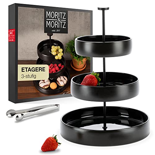 Moritz & Moritz Obst Etagere 3 Etagen - Inkl. Zange - Aus Steinzeug – Moderne Küchen Deko oder Party Deko – Perfekt als Obstschale für Obst Aufbewahrung, Muffins und Cupcakes