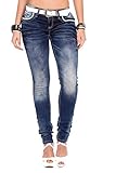 Cipo & Baxx Damen Jeans Hose Slim Fit Ziernähten Casual Denim Stonewashed Pants WD256 Blau W26 L32