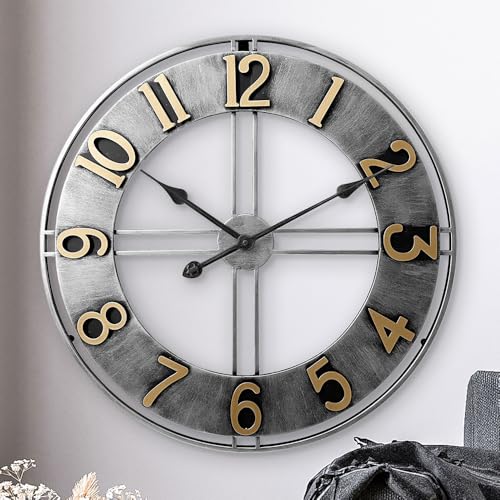 LW Collection Wanduhr Becka Grau Silber mit Goldenen Zahlen 60cm - Große industrielle Wanduhr Metall - Moderne Wanduhr - Leises Uhrwerk - Stille Uhr