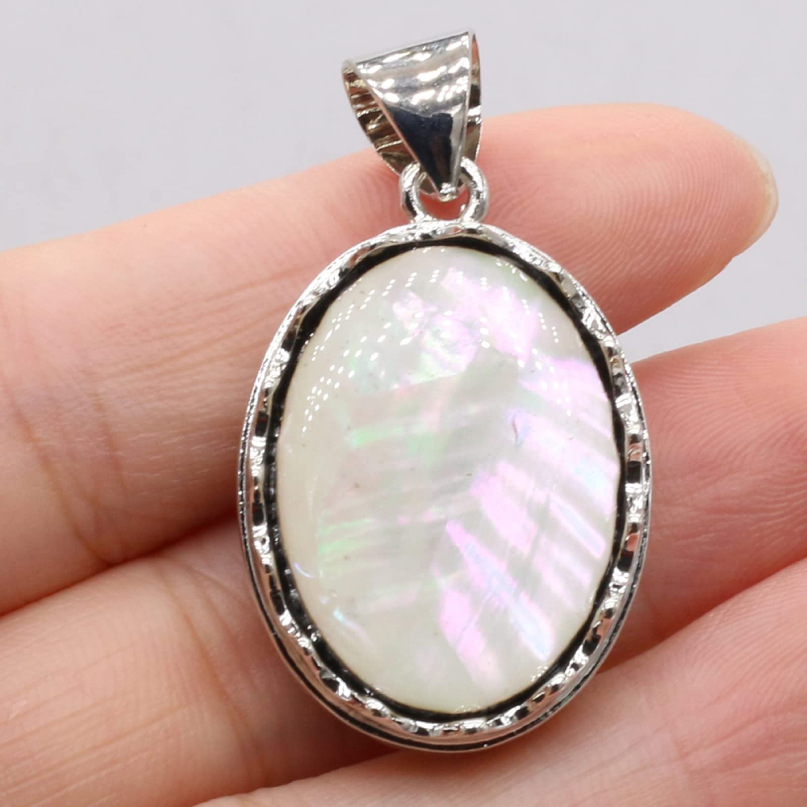 Naturstein Muschel Anhänger Ei Cabochon Perlen Amethysten Tigerauge Abalone Muschel Charms für DIY Halskette,Weiße Schale