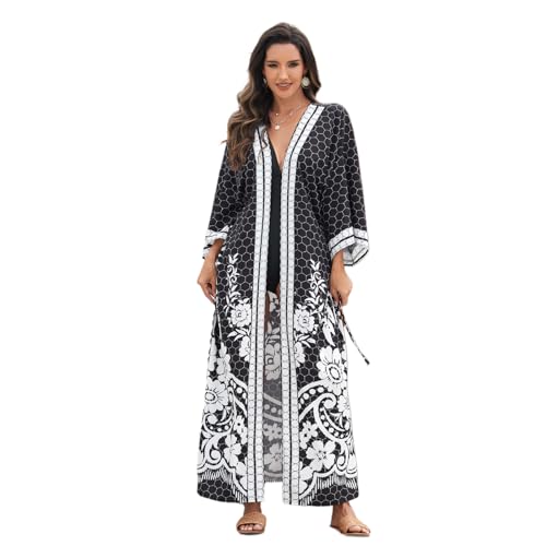 Fhkpsqkcn Lange Kimono-Strickjacke für Damen, vorne offen, mit Taillenband, Strandvertuschung, Blumendruck