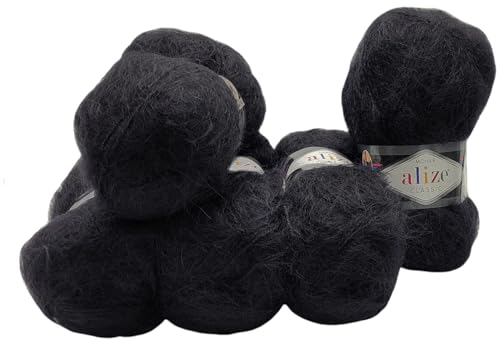 5 x 100 Gramm Alize Mohair Classic Strickwolle, 500 Gramm Strickgarn einfarbig mit 25% Mohair Wolle (schwarz 60)