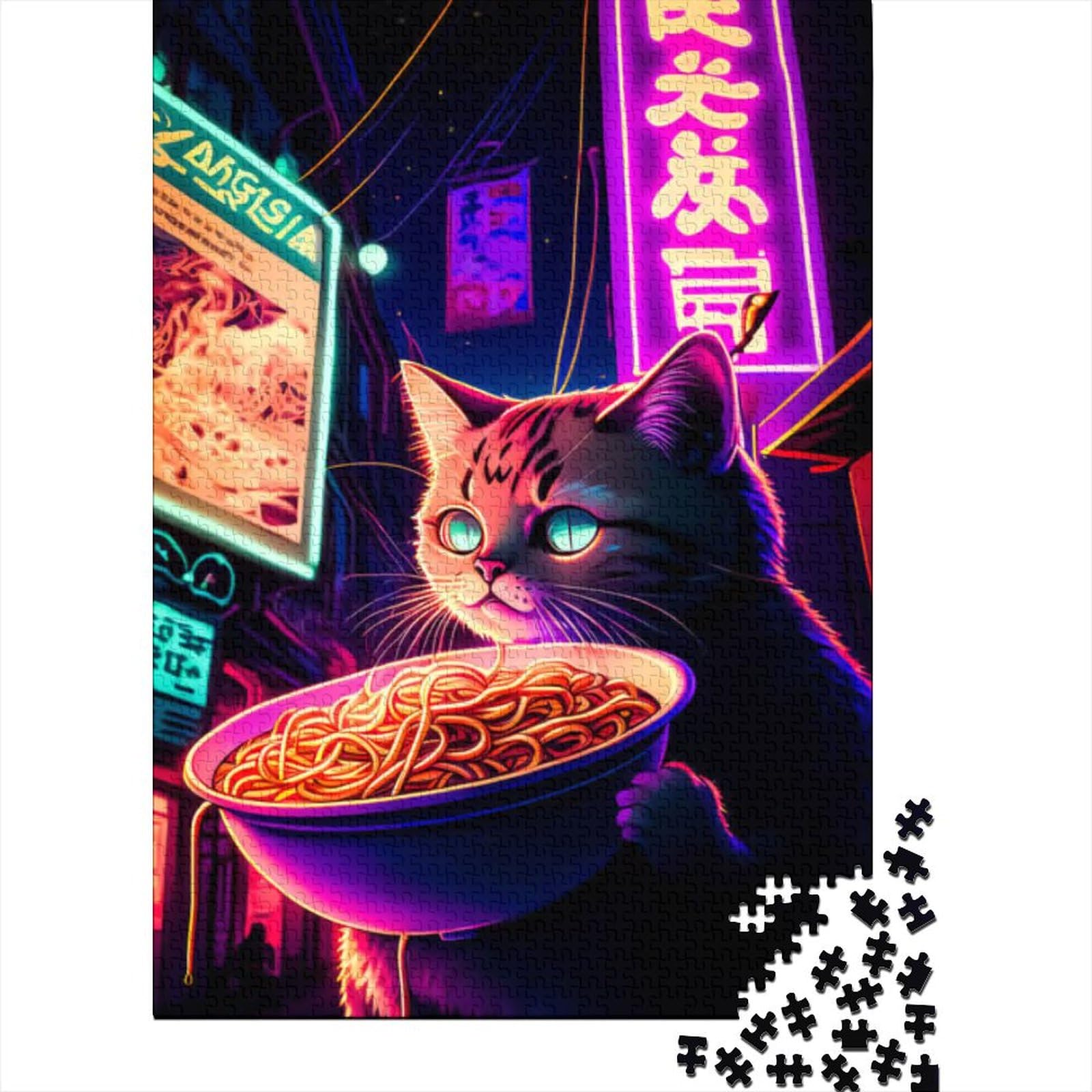 Cat Ramen Japan Holzpuzzle Puzzles für Erwachsene und Teenager 1000 Teile Puzzles für Erwachsene Lustige Familienpuzzles für Erwachsene (Größe 29,53 x 19,69 Zoll)