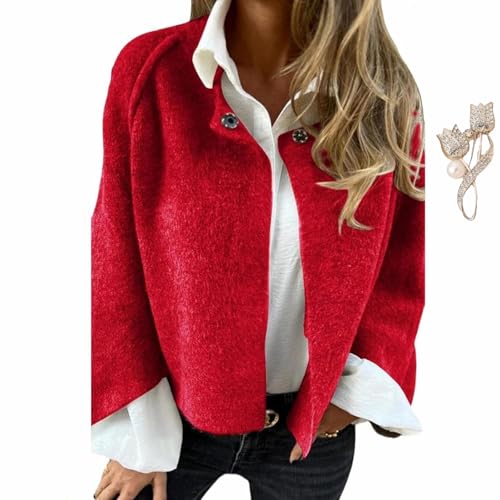 WINDEHAO 2024 Damen-Mantel mit Rundhalsausschnitt, Wolle, langärmelig, bauchfrei, für Herbst und Winter, warmer Knopf, trendiger kurzer Wollblazer (Rot, Größe 4XL)