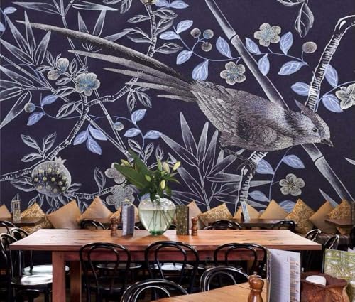 Bamboo Leaf Blue Leaf Flower Bird 3D Tapete Poster Restaurant Schlafzimmer Wohnzimmer Sofa TV Dekorative Wand-250cm×170cm