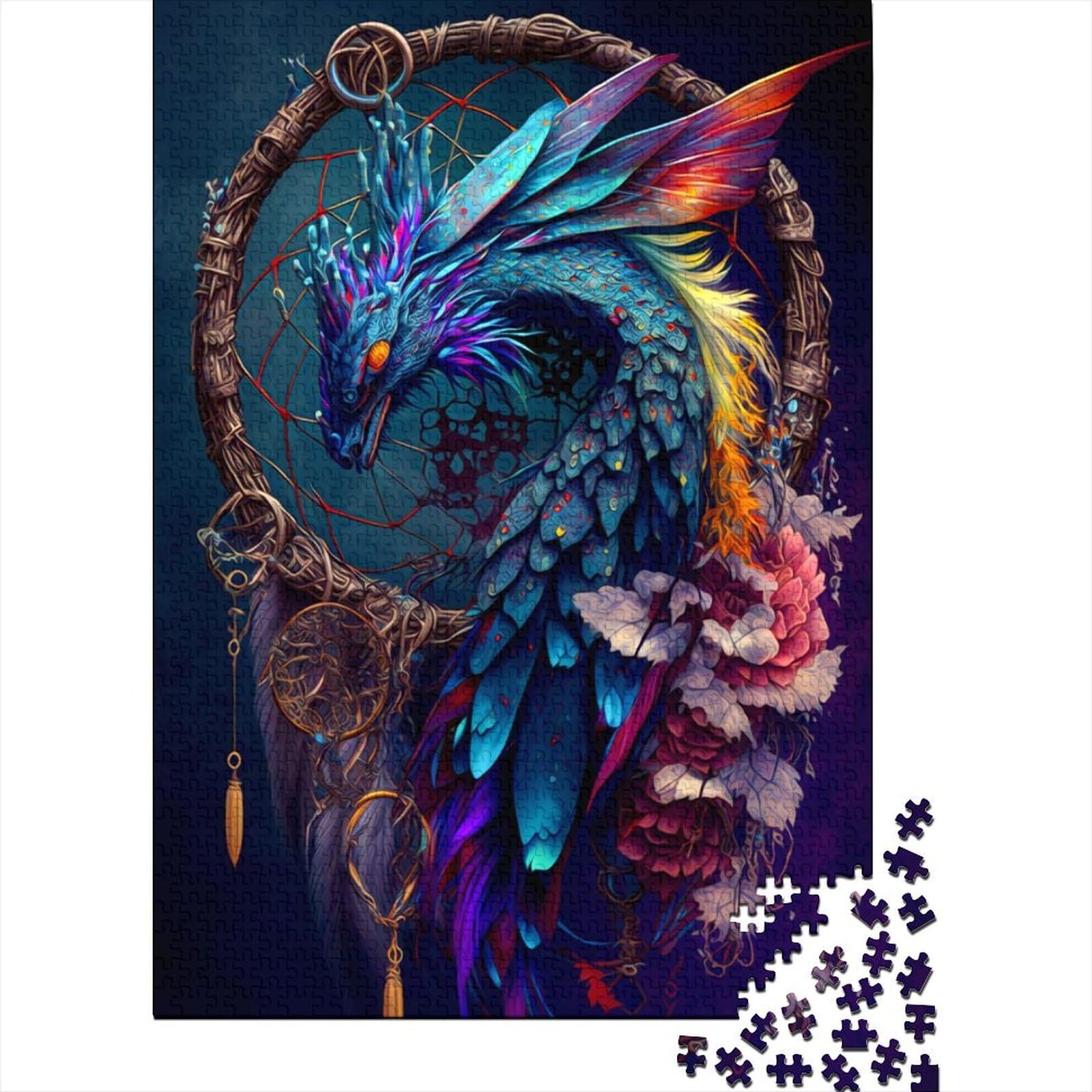 Bunter Drache, Holzpuzzle für Erwachsene, 1000 Teile, für Erwachsene, schwierige Puzzles mit passendem Poster und Wissensblatt, 75 x 50 cm