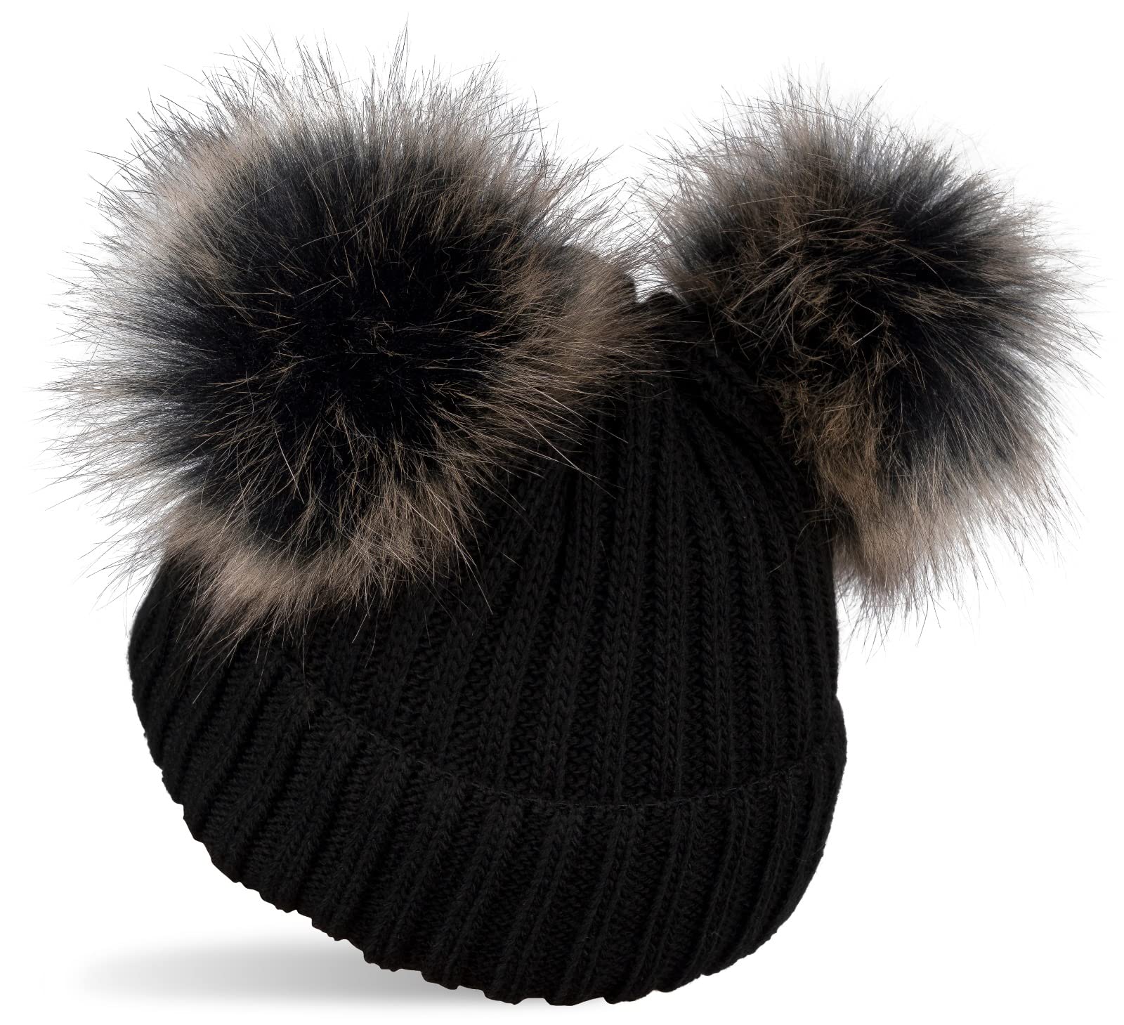 styleBREAKER Kinder Strick Bommelmütze mit 2 Kunstfellbommel und Fleece Futter, Winter Mütze, Strickmütze, 2-5 Jahre 04024203, Farbe:Schwarz