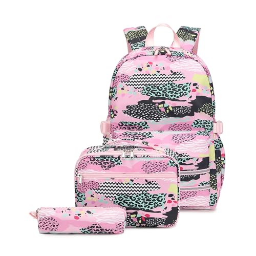 HDKEAN Rucksack, 3-teilig, Schulrucksack, Jungen, Mädchen, Kinder, Schulset, Studentenrucksack mit Lunchbox und Federmäppchen, rose, As shown (error 1-3cm)