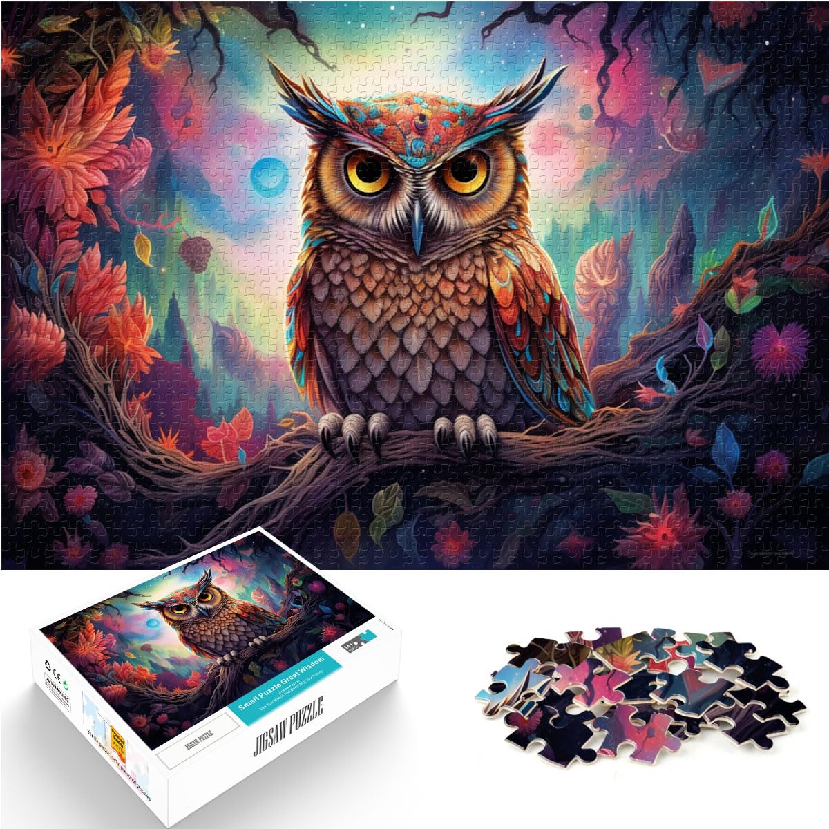 Puzzle für Puzzle Futuristische farbenfrohe psychedelische Eule 1000 Teile Puzzle Puzzle für Erwachsene Geschenke Holzpuzzle Genießen Sie Spiele für 1000 Teile (50 x 75 cm)