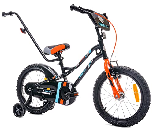 sun baby Kinderfahrrad 16 Zoll Jungen Tiger Bike Leicht Stützräder mit Schubstange ab 2-6 Jahre BMX Fahrrad Kinder (Orange, 16 Zoll)