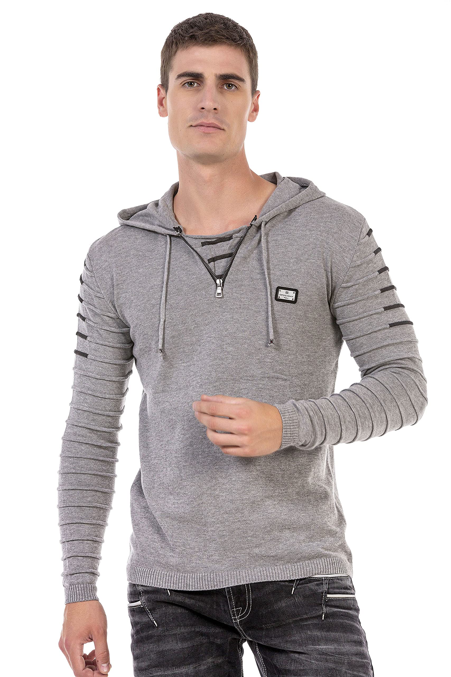 Cipo & Baxx Herren Pullover Strick Gerippt Kapuze Sweater Strickpulli CP246 Grau M