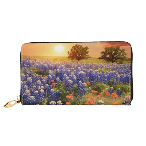 DENMER Gelbe Blumen Schmetterlinge Leder Geldbörse Kunstleder mit metallischem Reißverschluss geräumiges und stilvolles Accessoire für moderne Frauen Produkt, Texas Bluebonnets Landschaft,