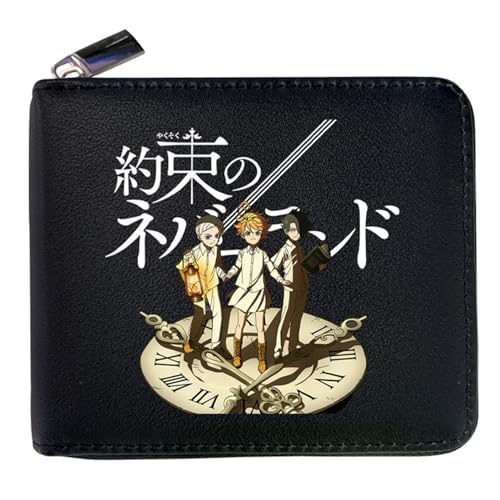 RYNDEX The Promis-ed Neverla-nd Geldbeutel Anime, Leder Geldbörse mit Reißverschluss-Design, Geldbörse Geldbeutel Portemonnaie für Geschenkidee(Color:Black 1)