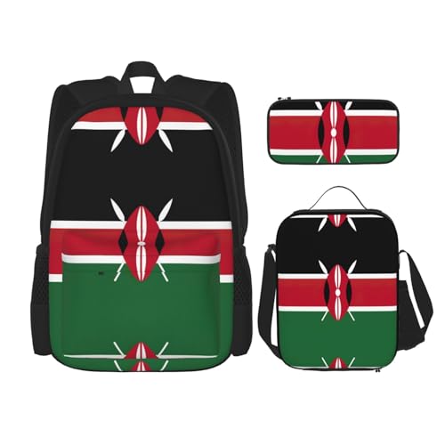 WURTON Flagge von Kenia Druck Reise Lunchbox Federmäppchen Rucksack Set 3 Stück Verstellbare Träger Leicht, Schwarz, Einheitsgröße, Schwarz, One Size