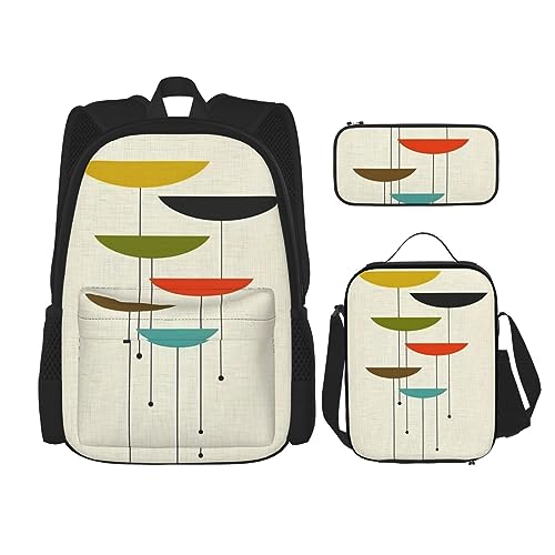 WURTON Mid Century Moderne Drucke, 3-in-1-Sets, lässiger, verstellbarer Schulter-Rucksack, Lunch-Tasche, Federmäppchen, Beutel, Schwarz, Einheitsgröße