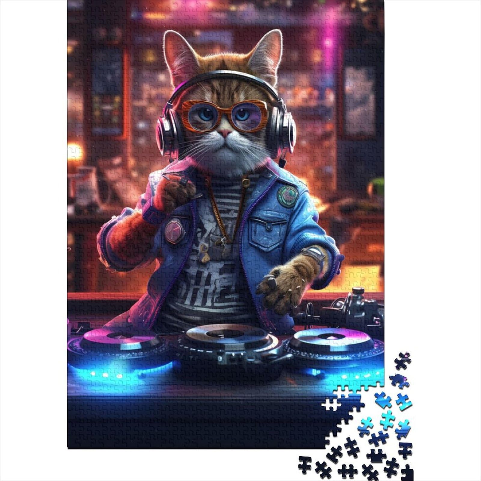 Schwieriges, anspruchsvolles Puzzle mit 1000 Teilen, Cat DJ, Holzpuzzle für Erwachsene, Puzzlespiel, Spielzeug für Erwachsene, Familienpuzzle, Geschenk (29,53 x 19,69 Zoll)