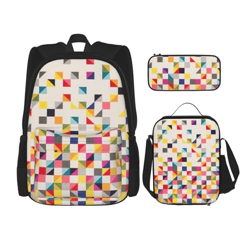 WURTON Dreieck Geometrischer Druck Schulter Rucksack 3 in 1 Büchertasche Set Lunchbox Federmäppchen Reise Laptop Tagesrucksäcke, Schwarz, Einheitsgröße