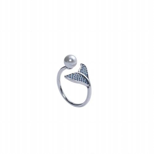 OUJTWMDQ S925 Silber Mermaid Tail Ring Weibliche Perlen Öffnen Einstellbar Diamant Mode Ring, Perle & Blau, Öffnung einstellbar