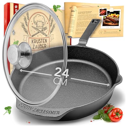 KRUSTENZAUBER 24cm Gusseisenpfanne Induktion - Voreingebrannte Gusseisen Pfanne - Ideale Grillpfanne Induktion, Eisenpfanne, Cast Iron Pan, Bratpfanne, Gusseiserne Pfanne Skillet Gusspfanne