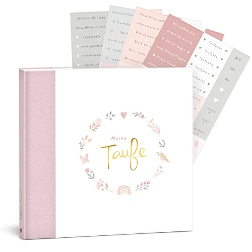 mintkind® Gästebuch Meine Taufe Blumen, Rosa + Sticker Set | Taufbuch für Mädchen, Taufgeschenk, Taufalbum, Erinnerungsbuch I 96 Innenseiten für Glückwünsche, Fotos und Mehr