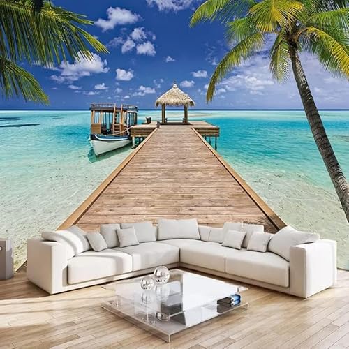 Sommerstrand Holzbrücke Portrait 3D Tapeten Wanddekoration Fototapete Sofas Wohnzimmer Wandbild Schlafzimmer-250cm×170cm