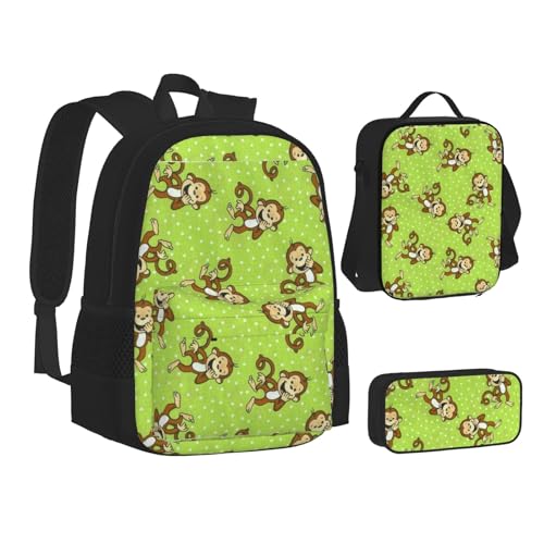 WURTON Green Clever Affe Print Teen Rucksack Set von 3 in 1 (Federmäppchen + Schultasche + Lunchtasche Kombination)