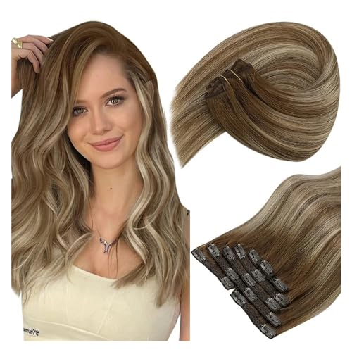 Clip-in-Haarverlängerungen 7 Stück Clip-in-Haarverlängerungen aus echtem Menschenhaar, 25,4–61 cm, Balaygae-Clip-in-Haarverlängerungen, kastanienbraun, platinblond, Echthaar-Clip-Ins for Frauen Clip-i