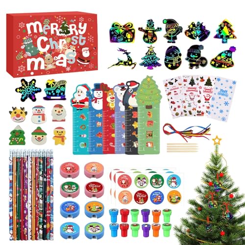 Weihnachtsschulbriefpapier-Set,Partygeschenke-Geschenkpaket - Partygeschenke, Schulbriefpapier-Set, Goodie-Bag-Füller, Strumpffüller, Bleistifte, Lineale, Aufkleber, Karten, Radiergummis Qarido