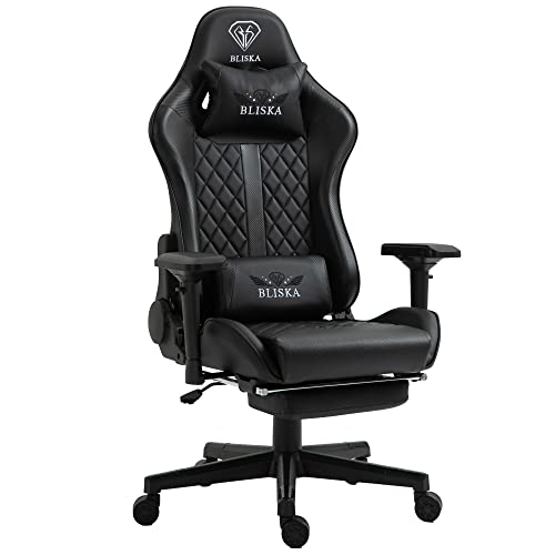 Trisens Gaming Stuhl mit Fußstütze und ergonomsichen 4D-Armlehnen - Gaming Chair in Sportsitz Optik - Gamer Stuhl mit verstellbaren Rückenstützkissen für gesündere Sitzhaltung, Farbe:Schwarz