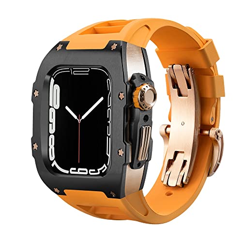 TONECY Für Apple Watch Band Serie 8, 7, 44 mm, 45 mm, Luxus-Modifikationsset, Gummiband, Metallgehäuse für iWatch SE 6, 5, 4, DIY-Nachrüst-Set (Farbe: Orange-RGB, Größe: 45 mm)